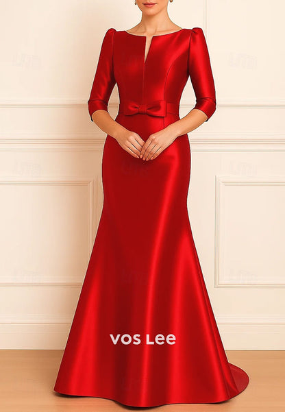 3/4 Length Sleeve Satin with Bow Trumpet Floor Length Evening Gown