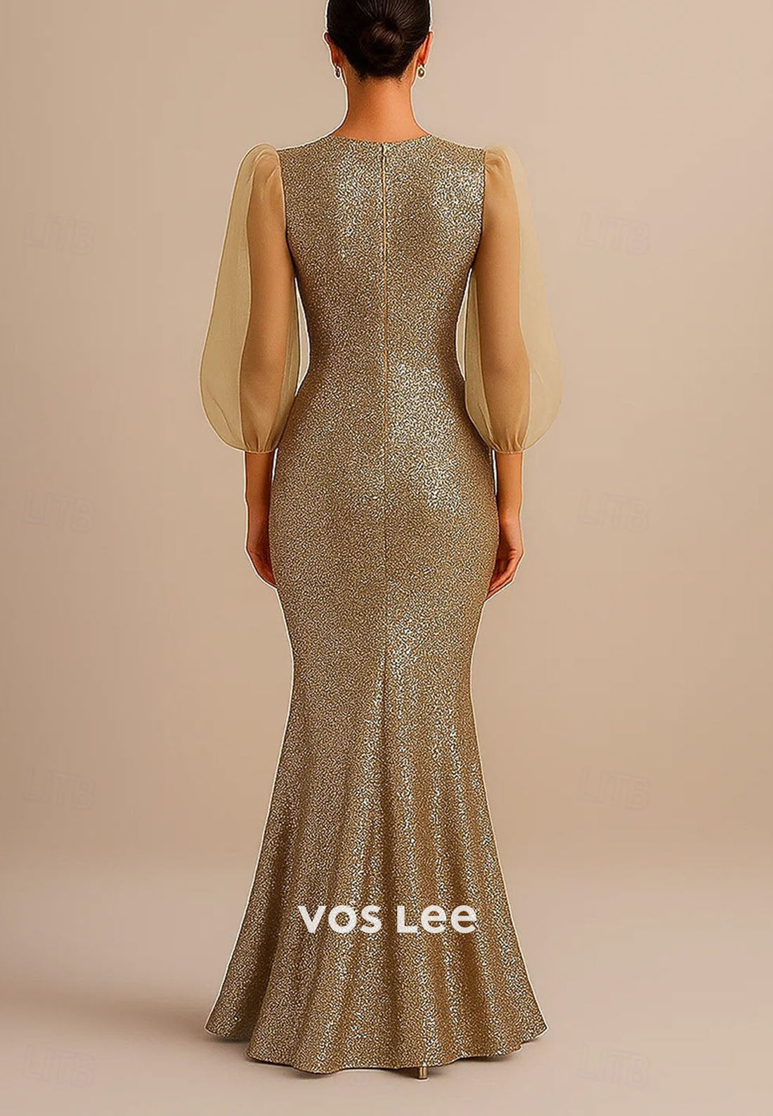 Sequined with Glitter Mermaid Floor Length Evening Gown With Sheer Long Sleeve