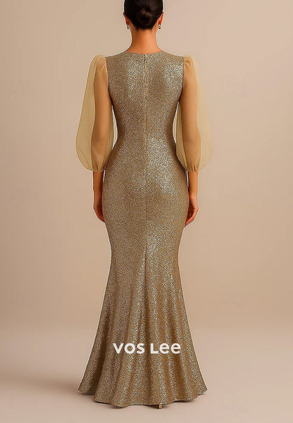 Sequined with Glitter Mermaid Floor Length Evening Gown With Sheer Long Sleeve