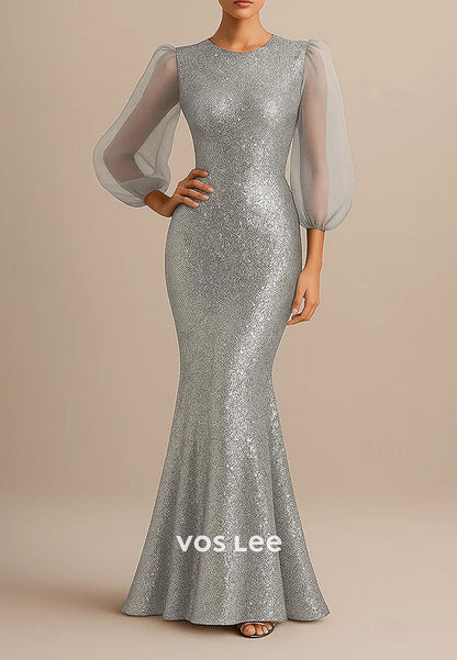 Sequined with Glitter Mermaid Floor Length Evening Gown With Sheer Long Sleeve