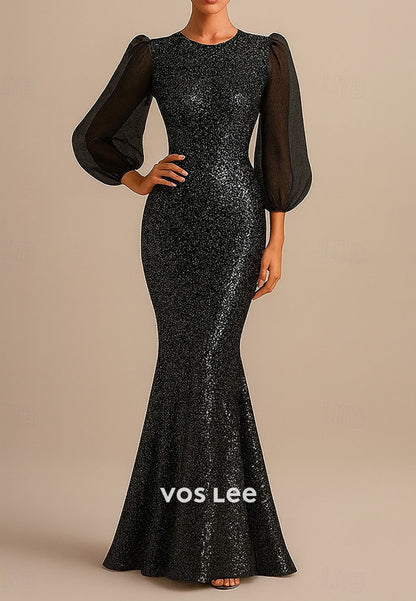 Sequined with Glitter Mermaid Floor Length Evening Gown With Sheer Long Sleeve
