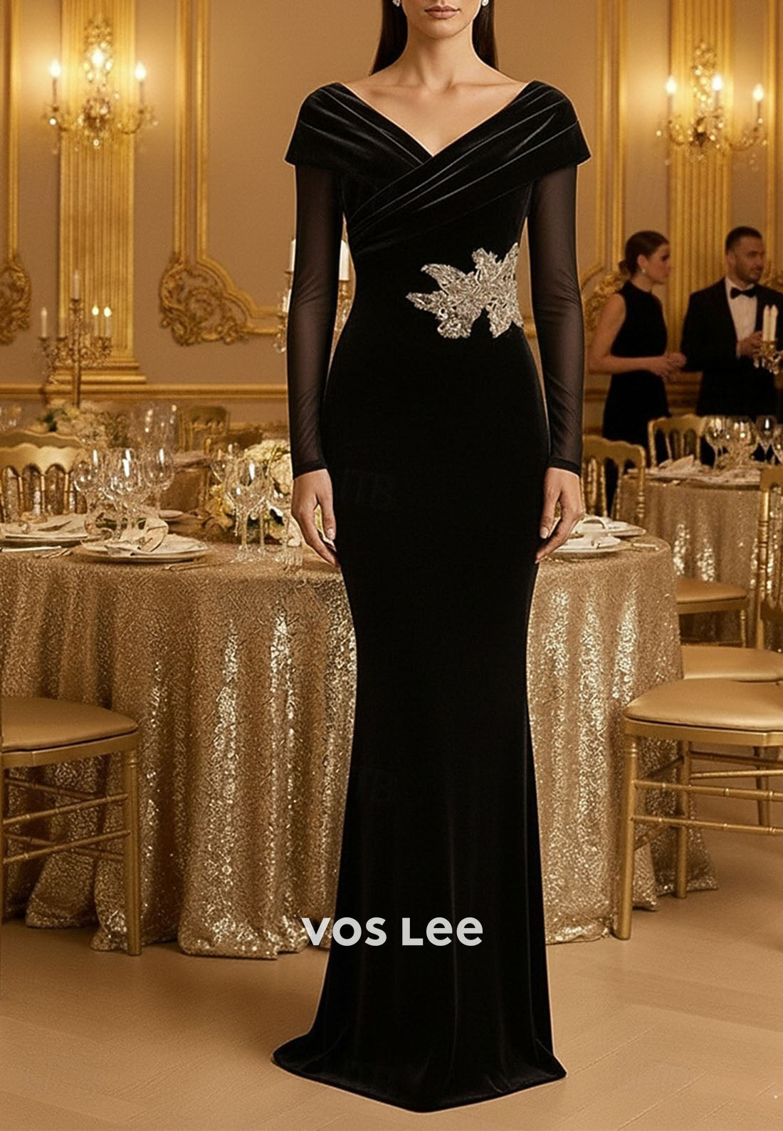 Velvet Long Sleeve with Embroidery Appliques Mermaid Floor Length Evening Gown