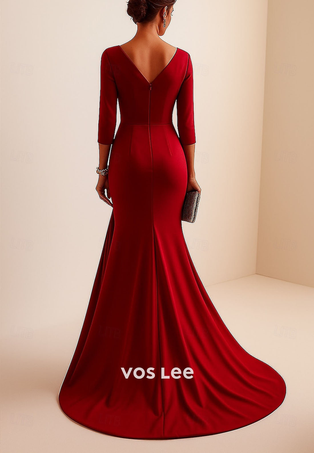 3_4 Length Sleeve V Neck Column Floor Length Evening Gown