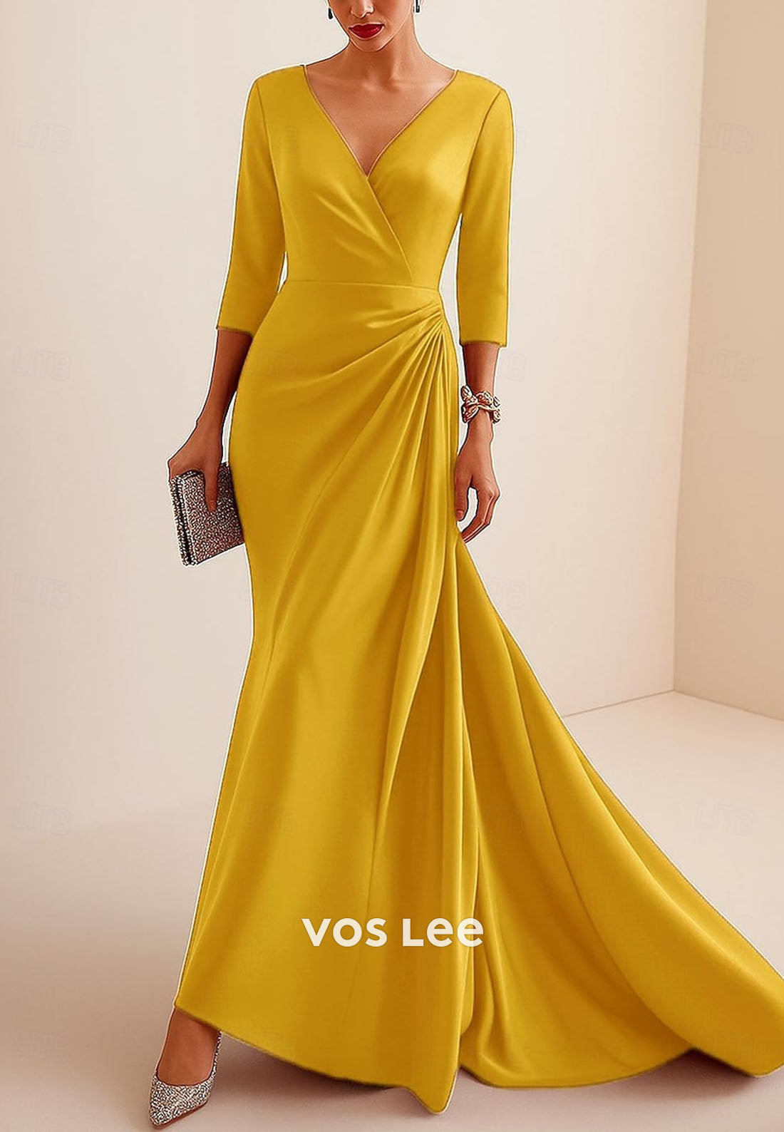 3_4 Length Sleeve V Neck Column Floor Length Evening Gown