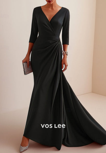 3_4 Length Sleeve V Neck Column Floor Length Evening Gown