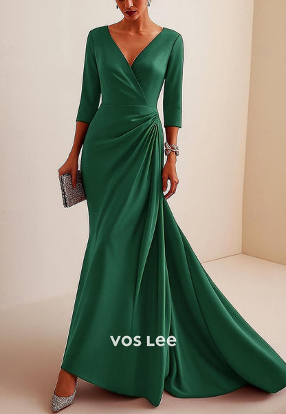 3_4 Length Sleeve V Neck Column Floor Length Evening Gown