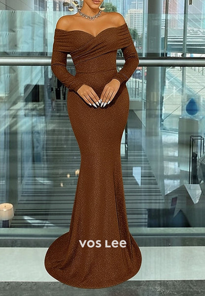 Elegant Off Shoulder Long Sleeve Mermaid  Evening Gownwith Glitter Pleats