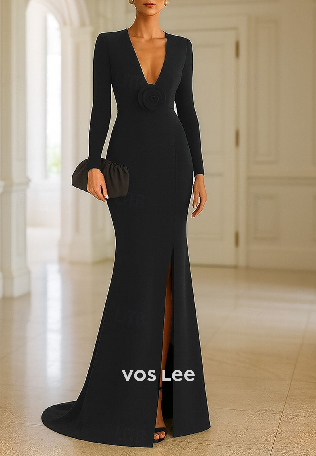 Long Sleeve V Neck Wedding Formal Mermaid Floor Length Evening Gown