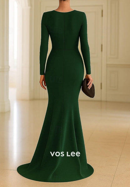 Long Sleeve V Neck Wedding Formal Mermaid Floor Length Evening Gown