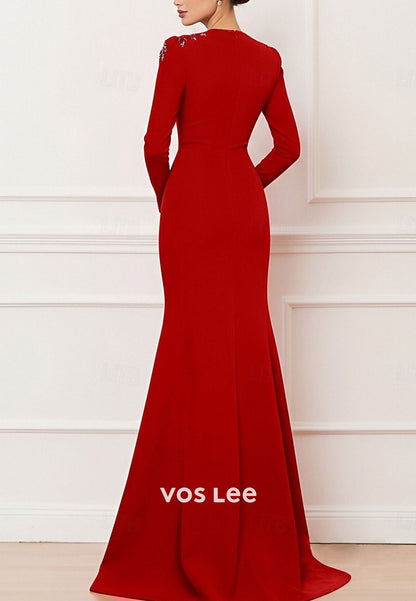 Elegant Long Sleeve V Neck Wedding Formal with Embroidery Mermaid Evening Gown