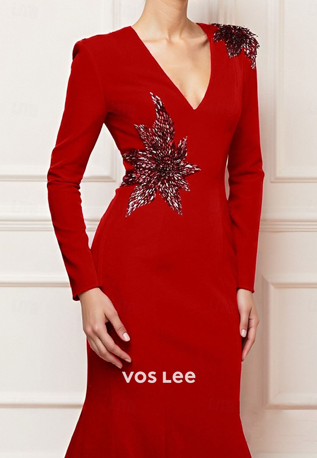 Elegant Long Sleeve V Neck Wedding Formal with Embroidery Mermaid Evening Gown