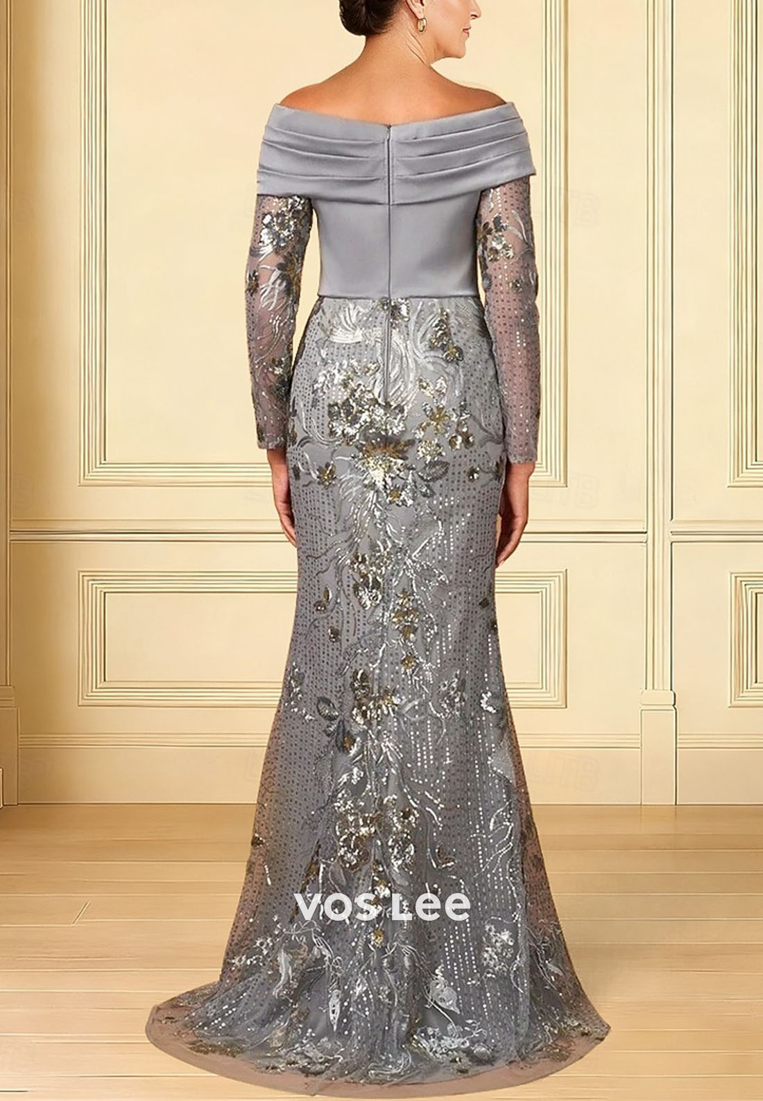 Sparkle Long Sleeve Off Shoulder Wedding Formal Satin with Glitter