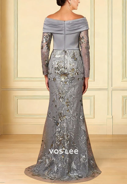 Sparkle Long Sleeve Off Shoulder Wedding Formal Satin with Glitter