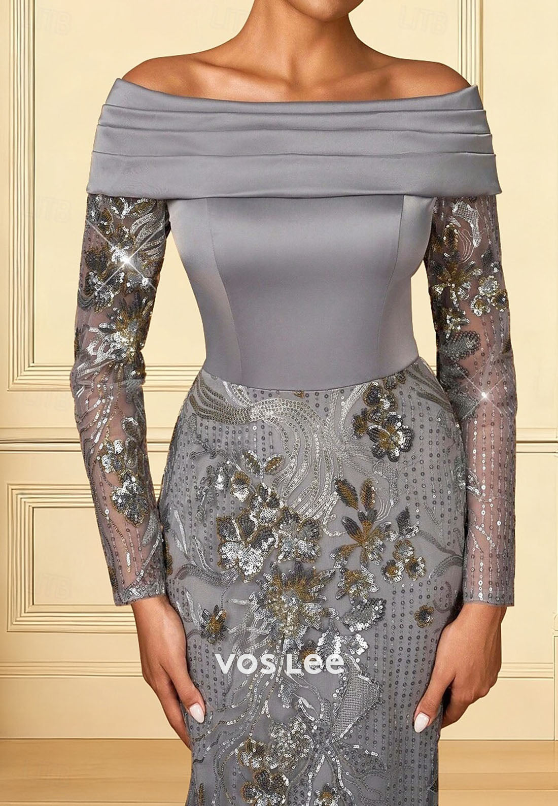 Sparkle Long Sleeve Off Shoulder Wedding Formal Satin with Glitter