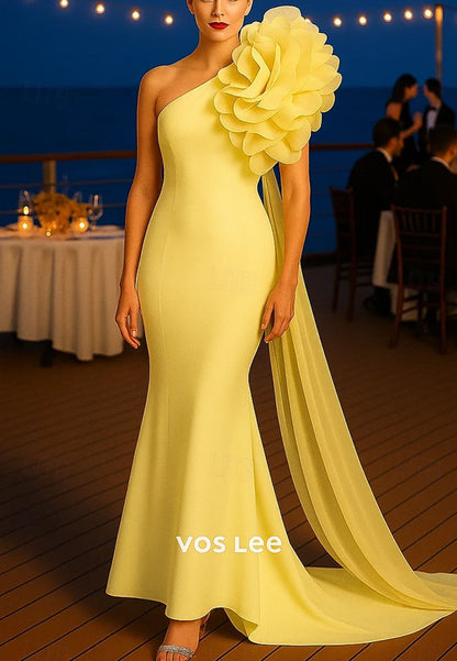 Elegant Sleeveless One Shoulder Garden Party Wedding Organza with Shouder Flower
