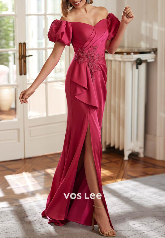 Short Sleeve Sweetheart Appliqued Mermaid Mother of Bride Dresses with Sweep Train
