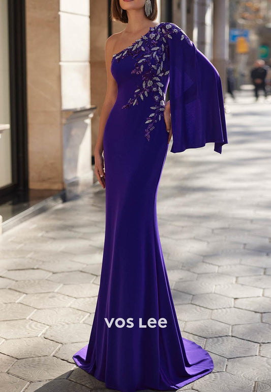 Long Sleeve One Shoulder Beaded Embellished Mermaid Mother of Bride Dresses with Train
