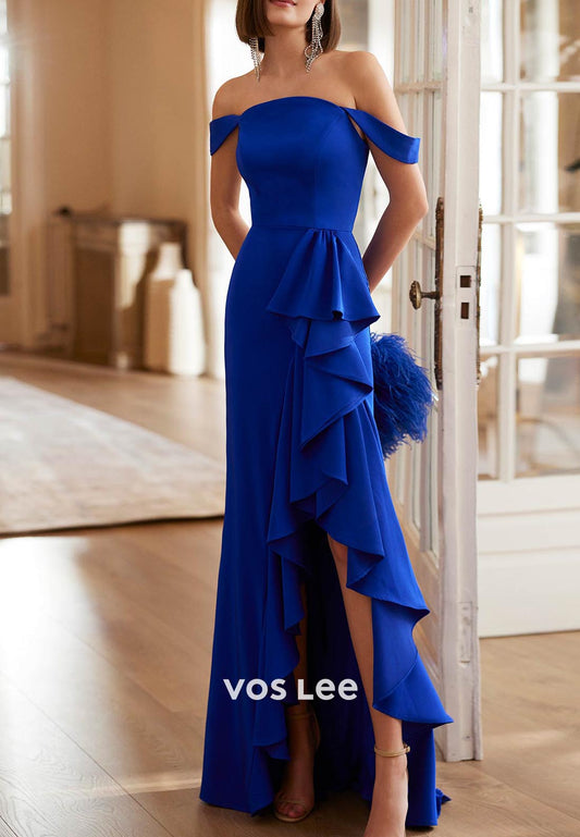A-Line Off the Shoulder Floor-Length Ruched Mother of Bride Dresses with High Split
