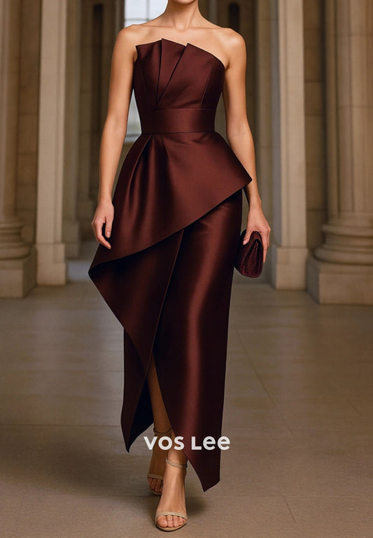 Formal Wedding Guest Dress Burgundy Strapless Ruched Maxi Dress