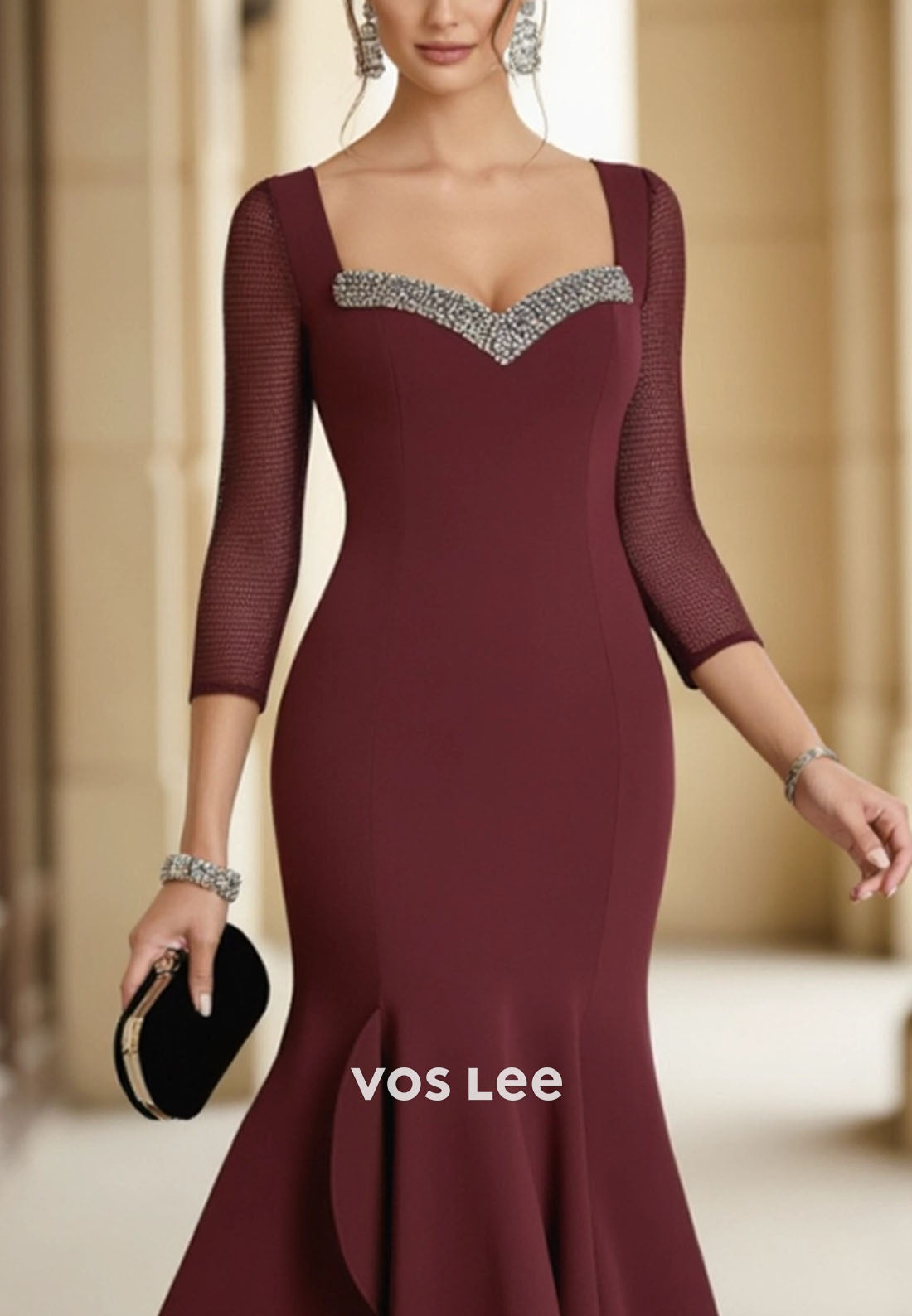 Burgundy Sweatheart Neck Mermaid Midi Dress Mother of th Bride Dress