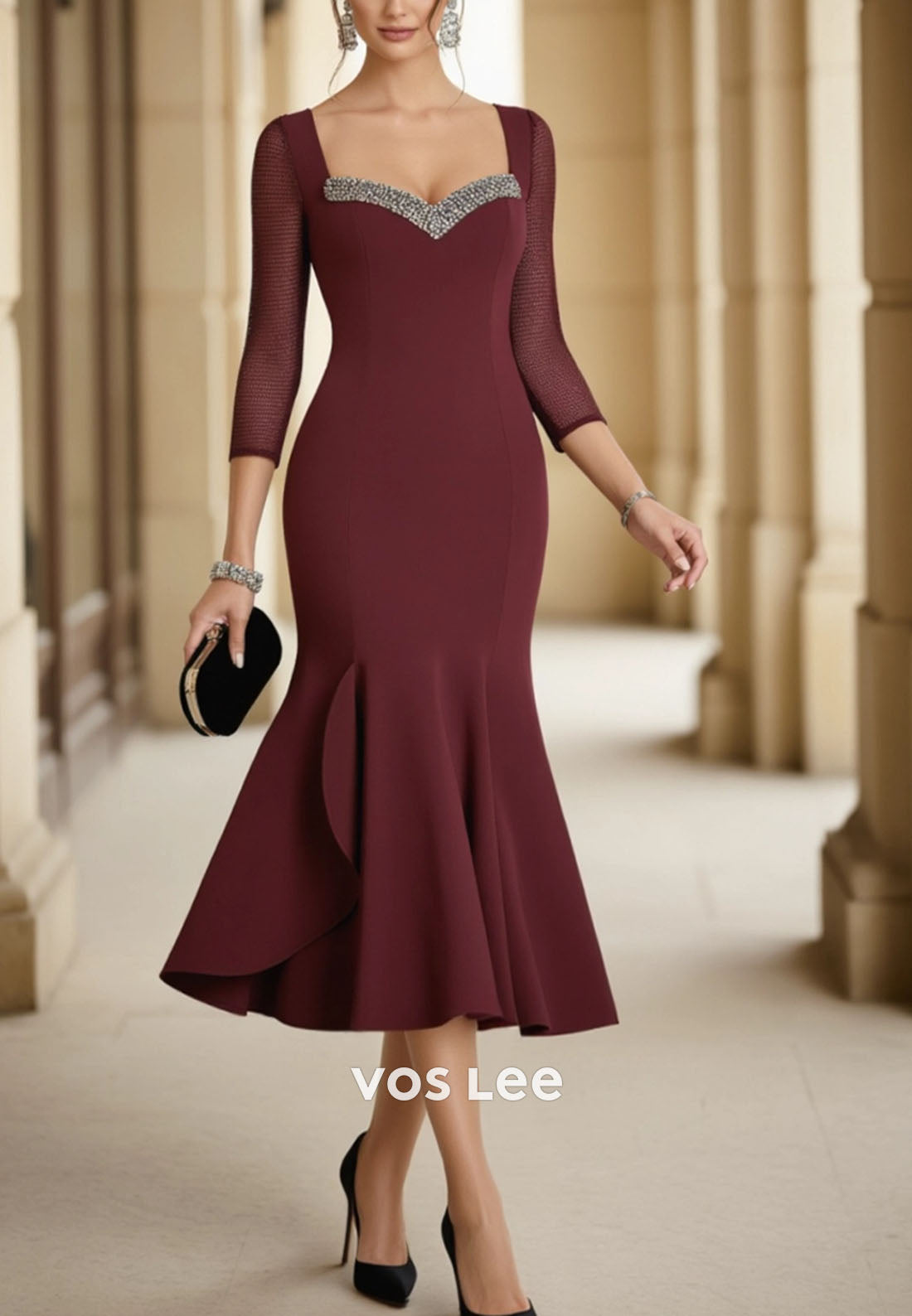 Burgundy Sweatheart Neck Mermaid Midi Dress Mother of th Bride Dress