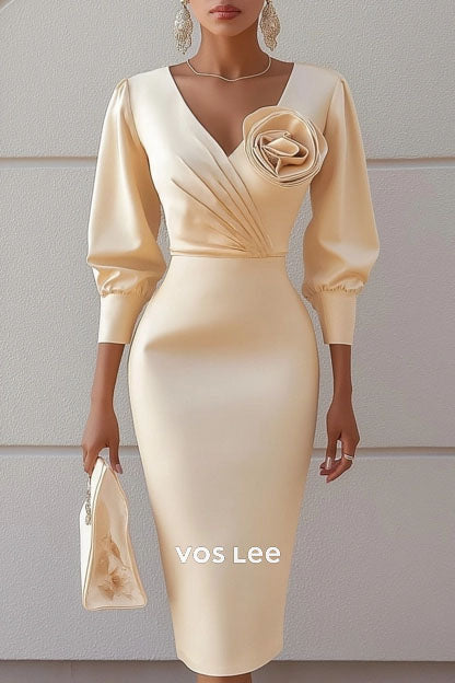 Mother of th Bride Dress Champagne V Neck 3D Floral Knee-Length Dress