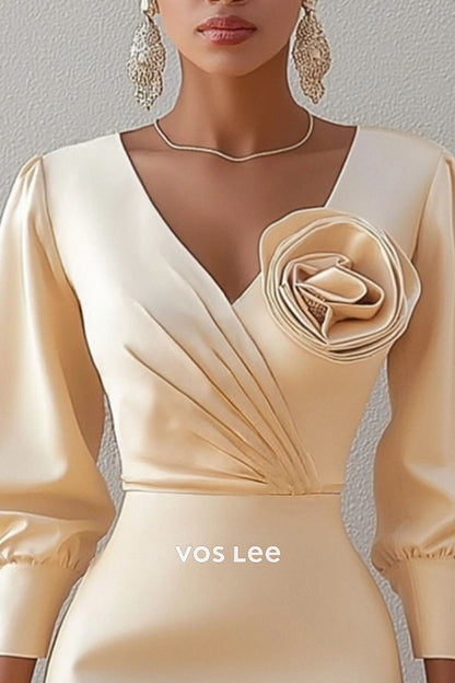 Mother of th Bride Dress Champagne V Neck 3D Floral Knee-Length Dress
