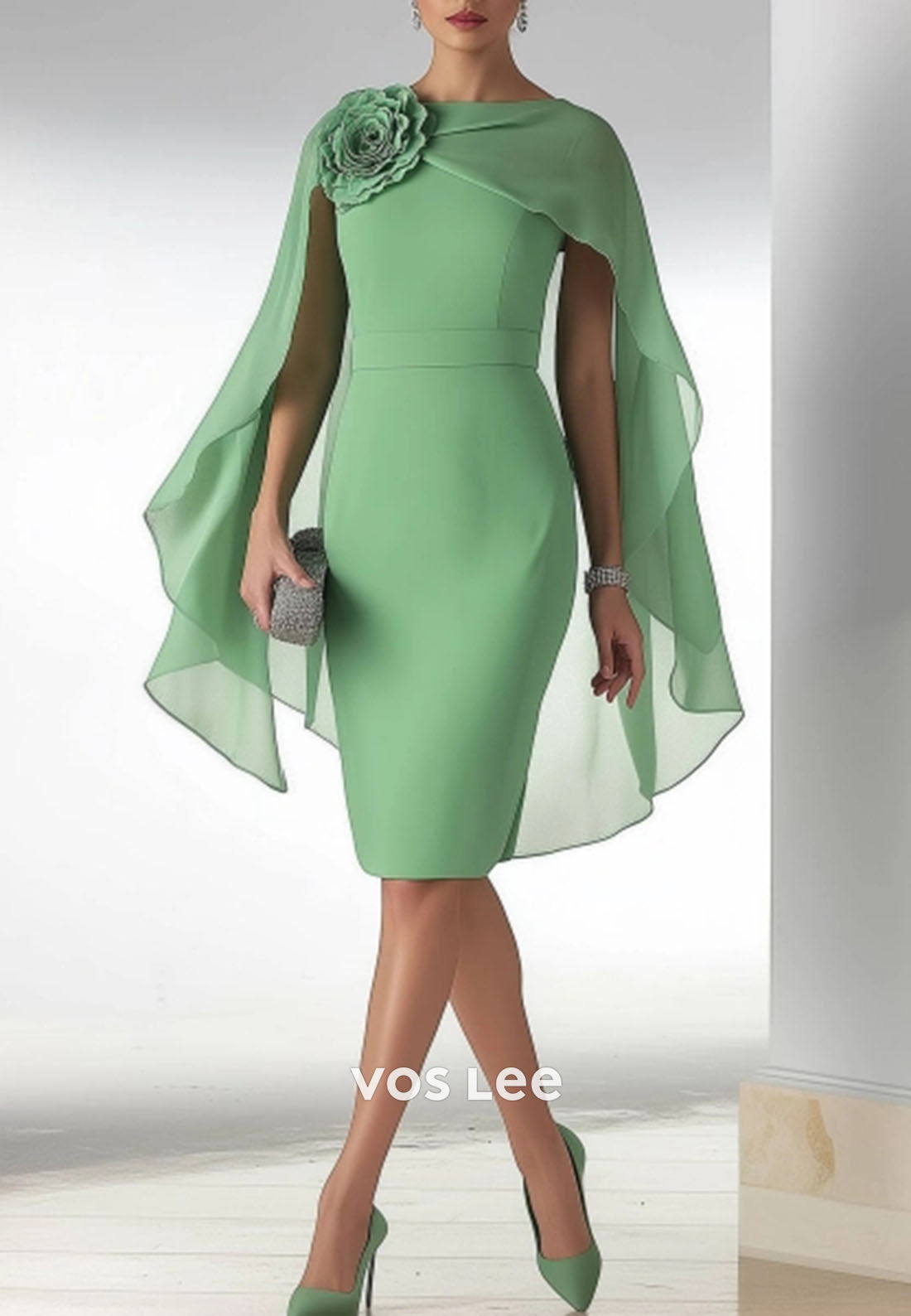 Mother of th Bride Dress Green Crew Neck 3D Floral Knee-Length Dress