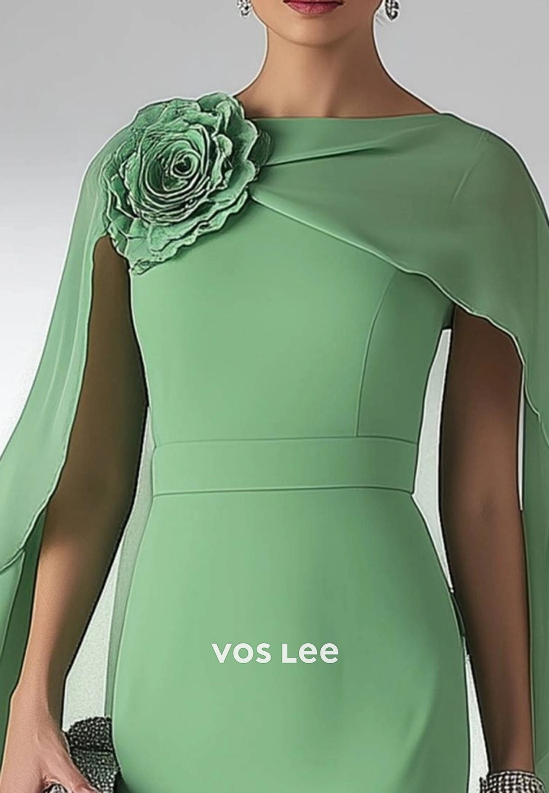 Mother of th Bride Dress Green Crew Neck 3D Floral Knee-Length Dress