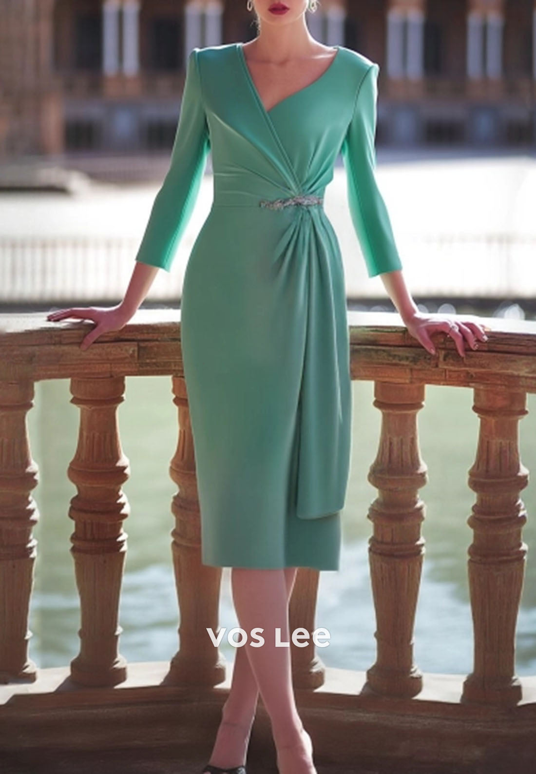 Mother of th Bride Dress Green V Neck Midi Dress