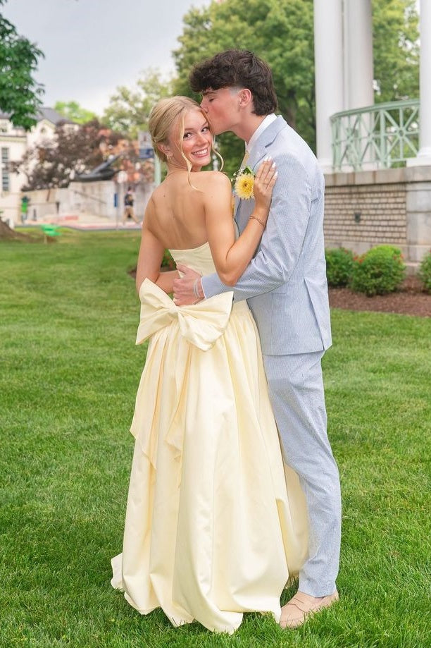 Yellow Strapless A-Line Maxi Dress with Bow Sweety Prom Dress