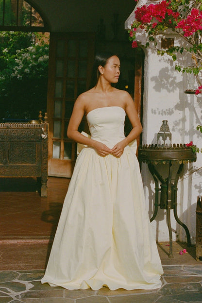 Yellow Strapless A-Line Maxi Dress with Bow Sweety Prom Dress