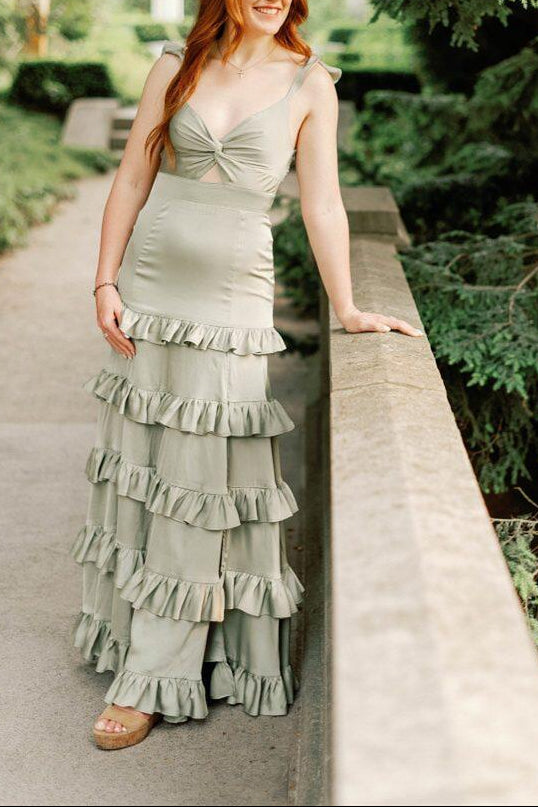 Knotted Sage Ruffles Tiered Maxi Dress