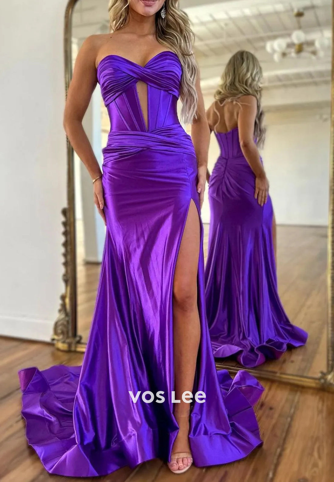 Sexy  Strapless Ruched Sweetheart Side Split Mermaid Prom Dresses with Sweep Train