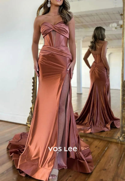Sexy  Strapless Ruched Sweetheart Side Split Mermaid Prom Dresses with Sweep Train