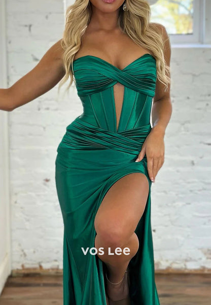 Sexy  Strapless Ruched Sweetheart Side Split Mermaid Prom Dresses with Sweep Train