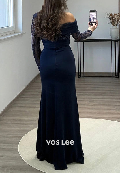 Long Sleeves Beaded Sequins One Shoulder Floor-Length Mermaid Evening Dresses
