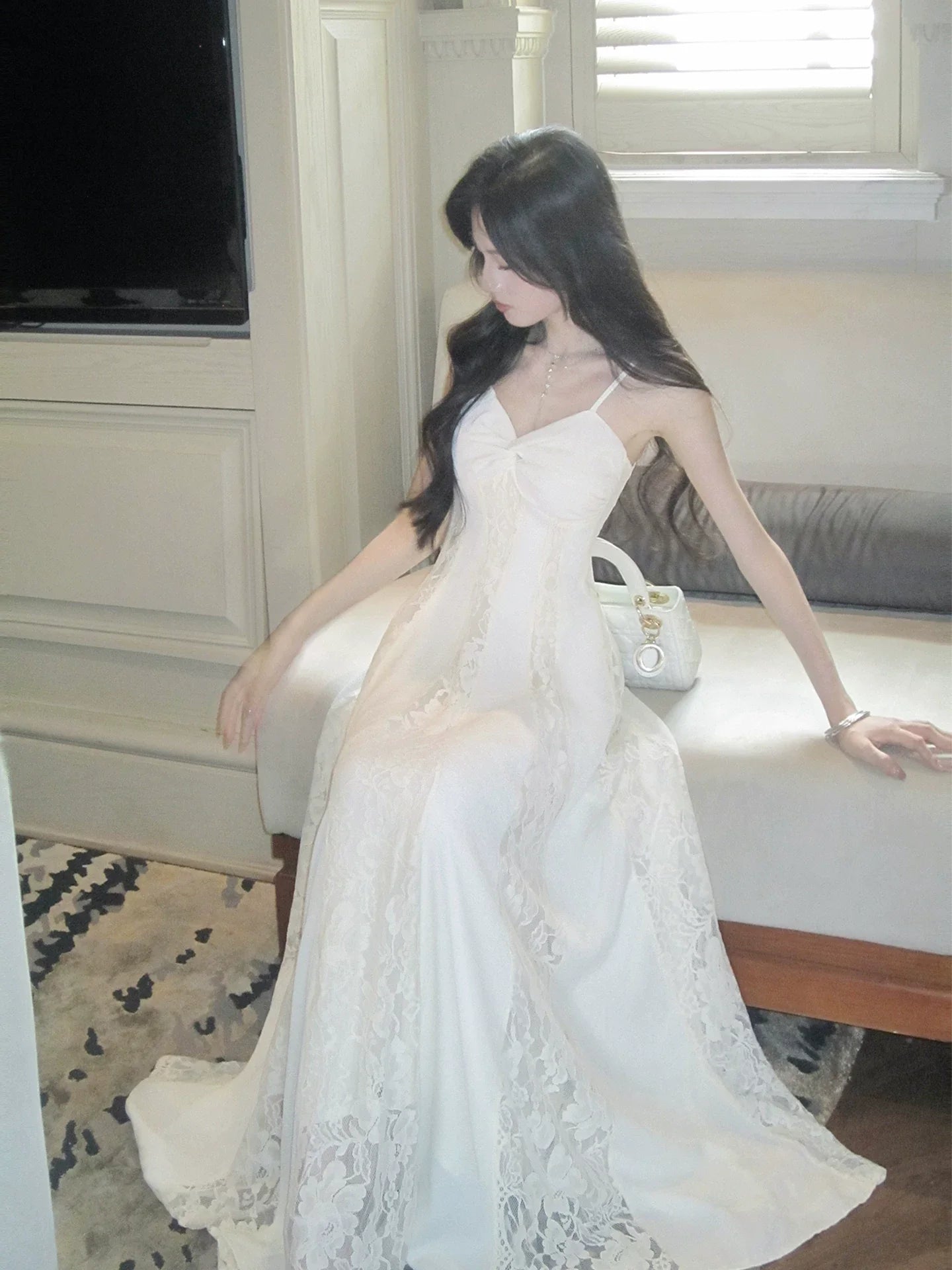 Sweety A Line Spaghetti Strap White Lace Long Pleated Prom Dress