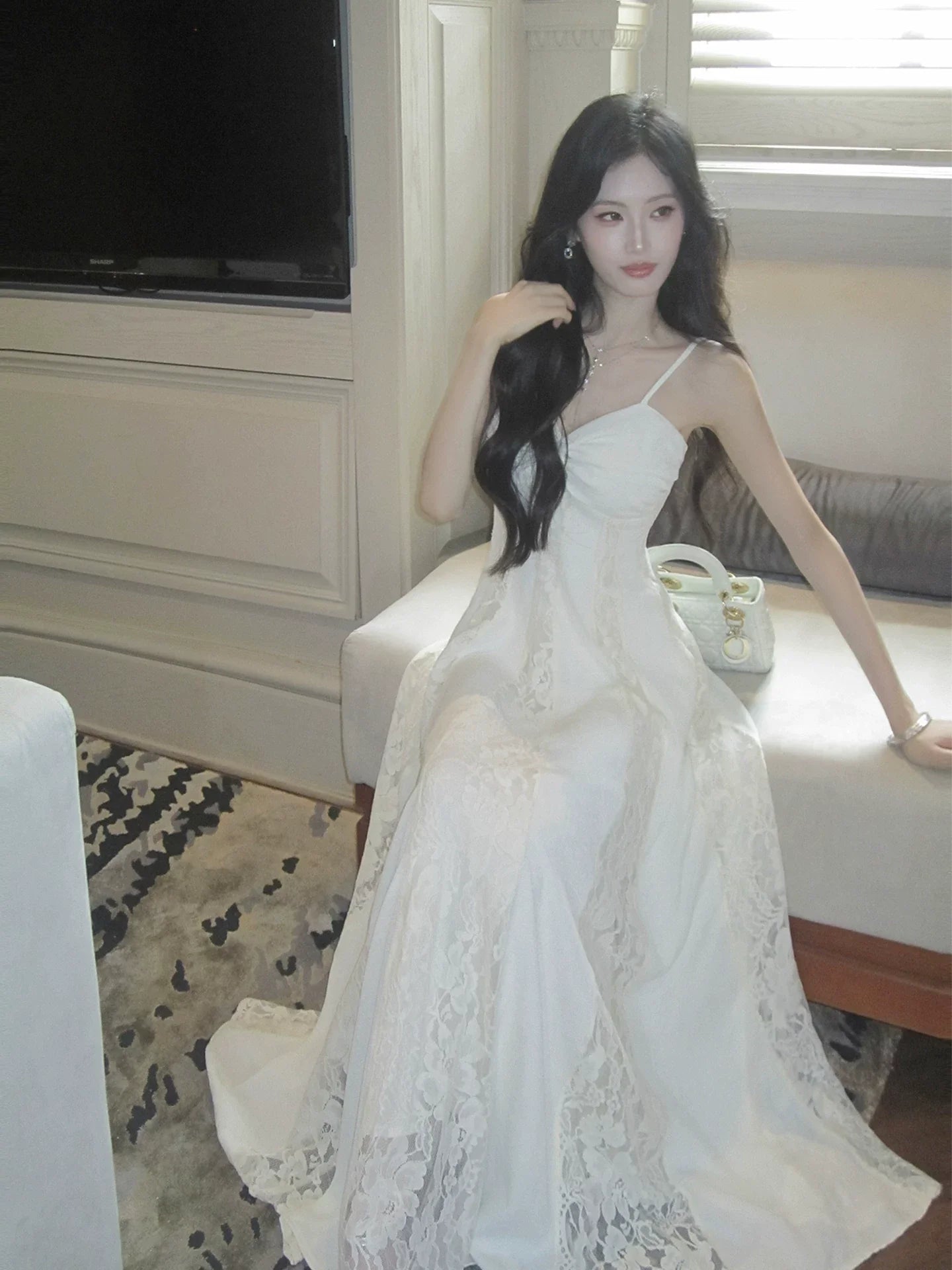 Sweety A Line Spaghetti Strap White Lace Long Pleated Prom Dress