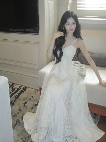 Sweety A Line Spaghetti Strap White Lace Long Pleated Prom Dress