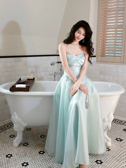 Ice Blue A Line Spaghetti Strap Ankle Length Pleated Prom Dress