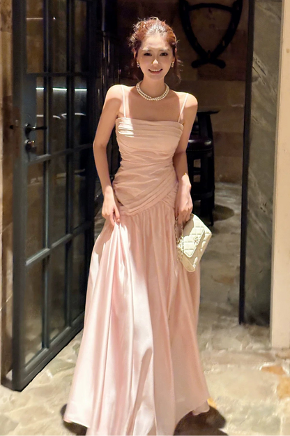 Pink  Spaghetti Strap Satin Long Pleated Prom Dress