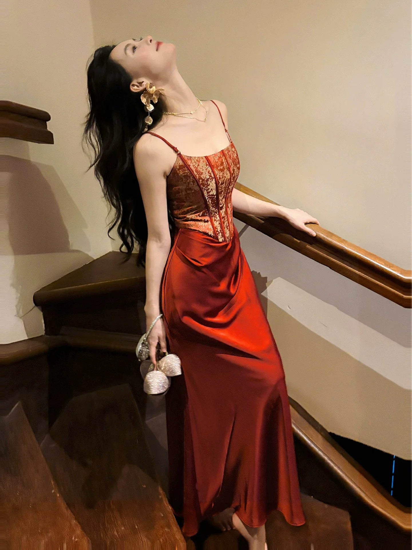 Spaghetti Strap Burgundy Satin MermaidAnkle Length Pleated Prom Dress
