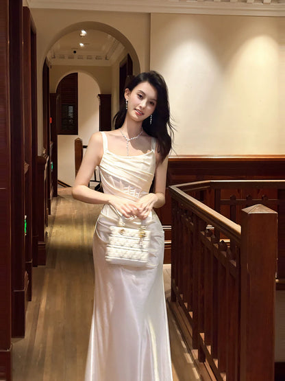 Simple Sheath Square Neck Satin With Pleated Prom Dresses