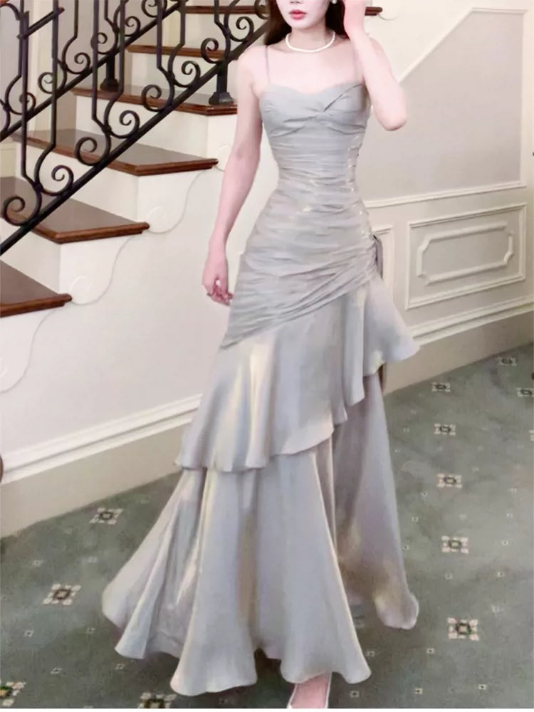 Modest Mermaid Spaghetti Straps Ruffles Long Prom Dresses