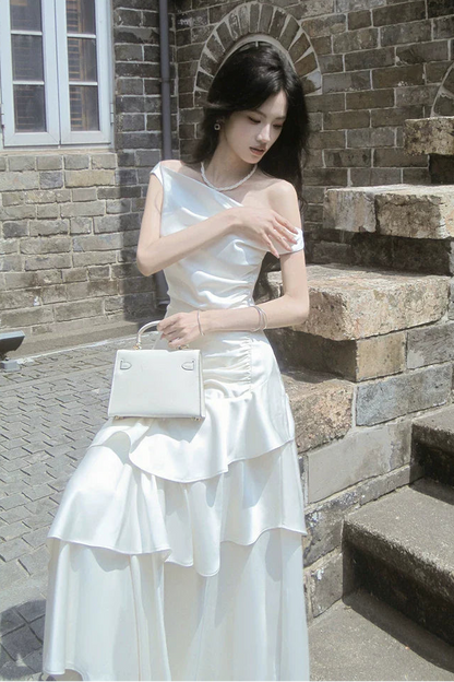 Simple A Line Off The Shoulder White Satin Floor Length Prom Dresses