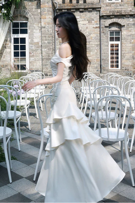 Simple A Line Off The Shoulder White Satin Floor Length Prom Dresses