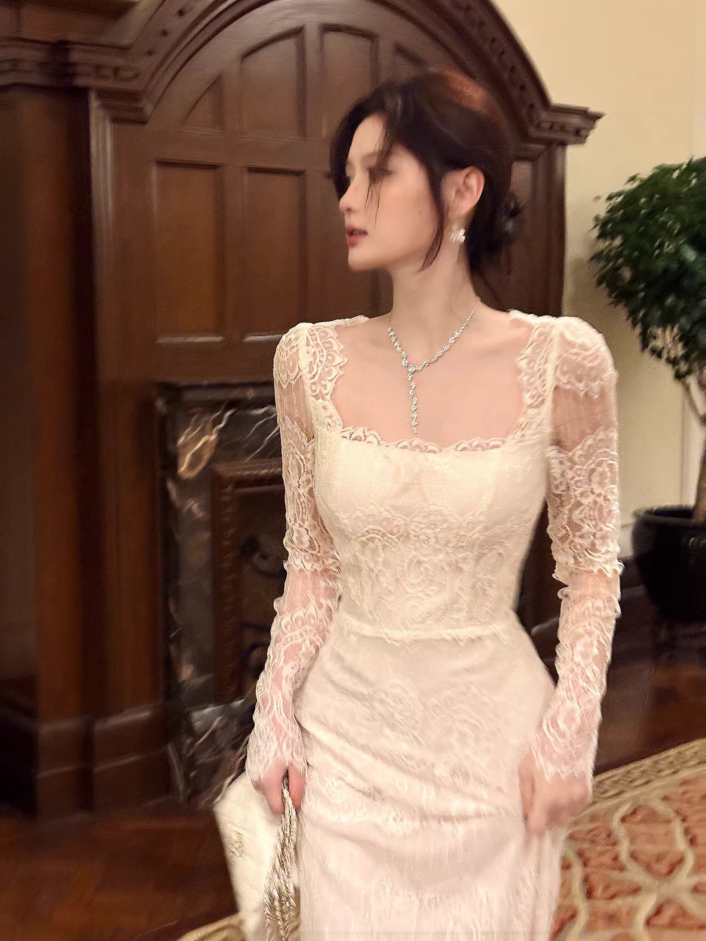 Square Neck Lace Long Sleeves Ankle Length Prom Dresses