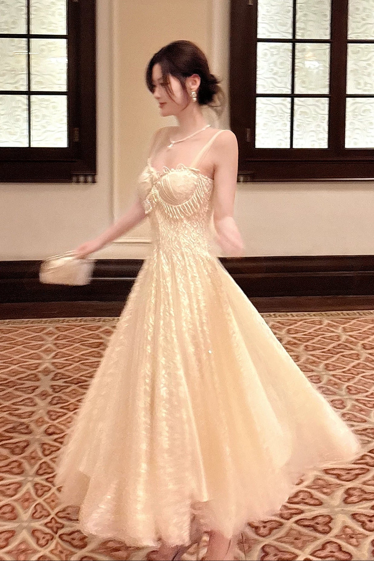 Sexy A line Spaghetti Straps Apricot Lace Prom Dresses Wedding Guest Dress