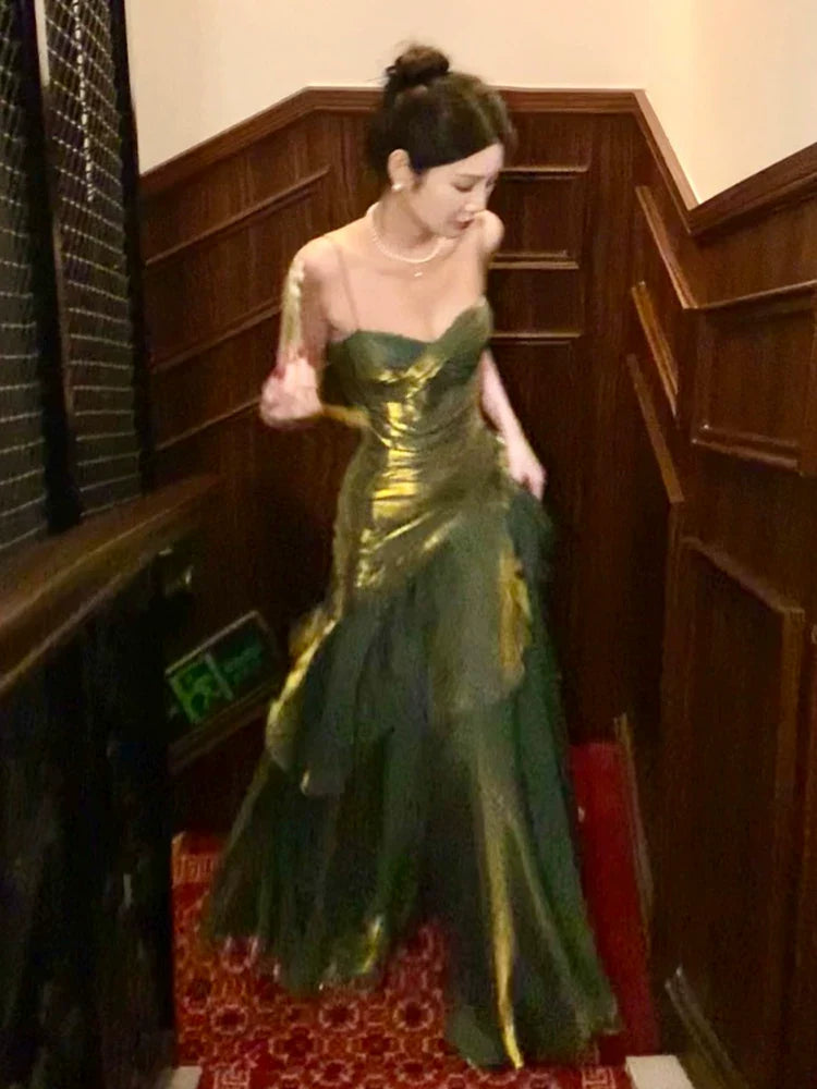 Modest Mermaid Spaghetti Straps Ruffles Long Prom Dresses